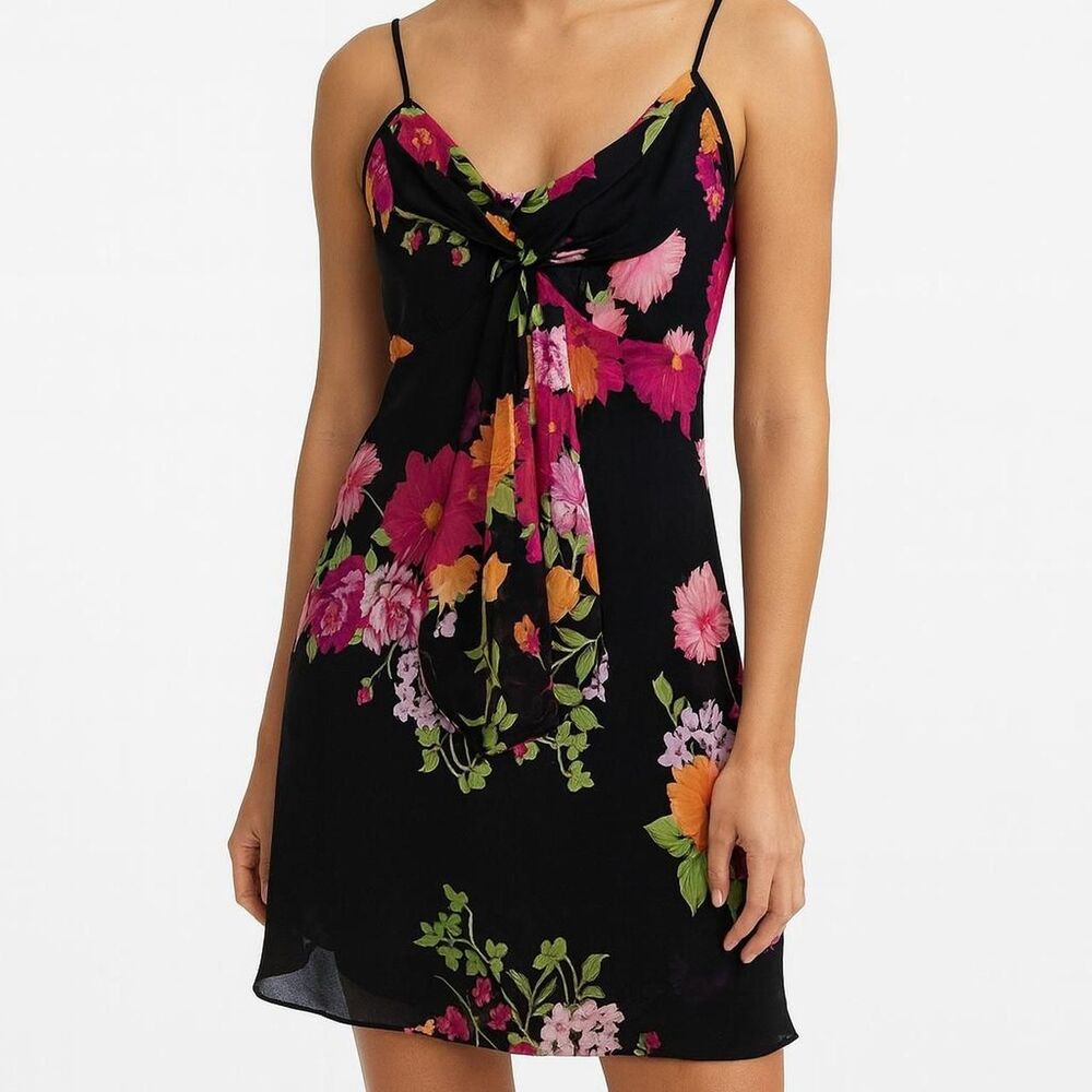 Vintage 90s 1990s y2k 2000s Black and pink floral mini slip dress